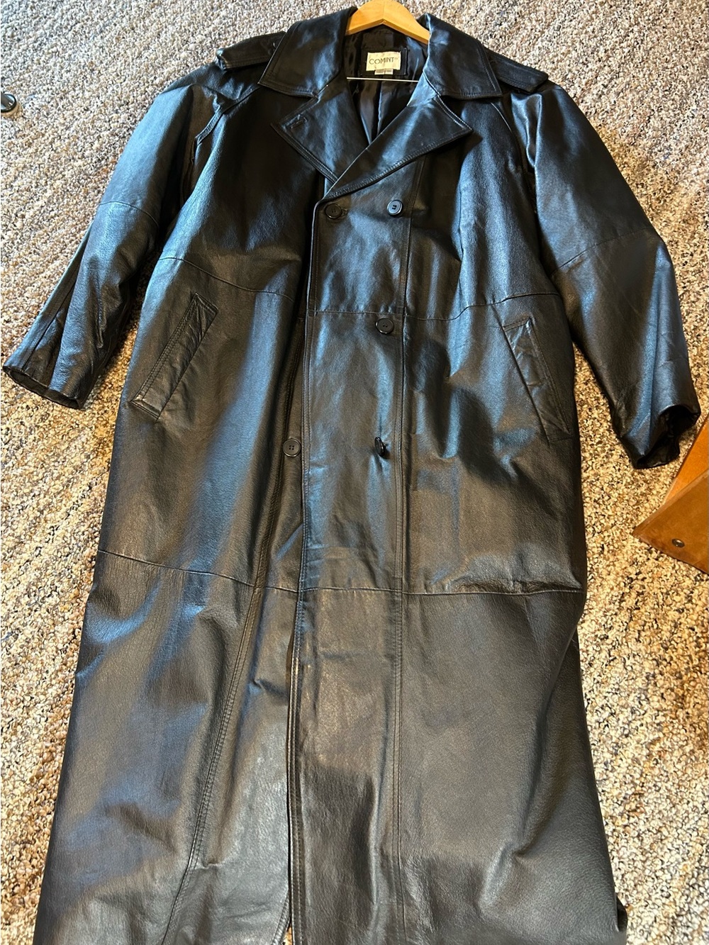 Vintage Classic Black Leather Trench Coat with leather belt by COMINT, 3X